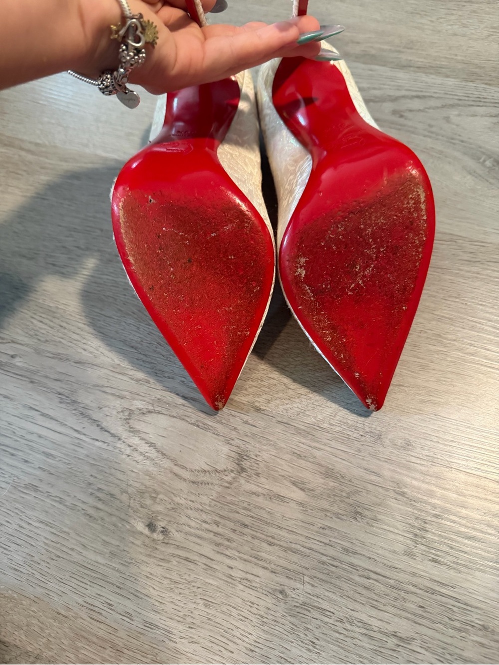 Christian Louboutin Ivory Floral Embossed Pointed-Toe Pumps - Picture 4 of 5